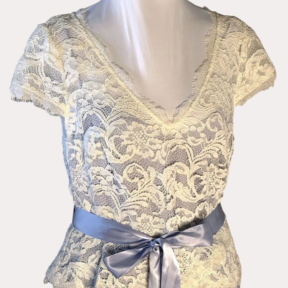 Adrianna Papell Nouveau Scroll Lace Gown Dress Maxi Periwinkle Ivory 10 - Picture 5 of 11